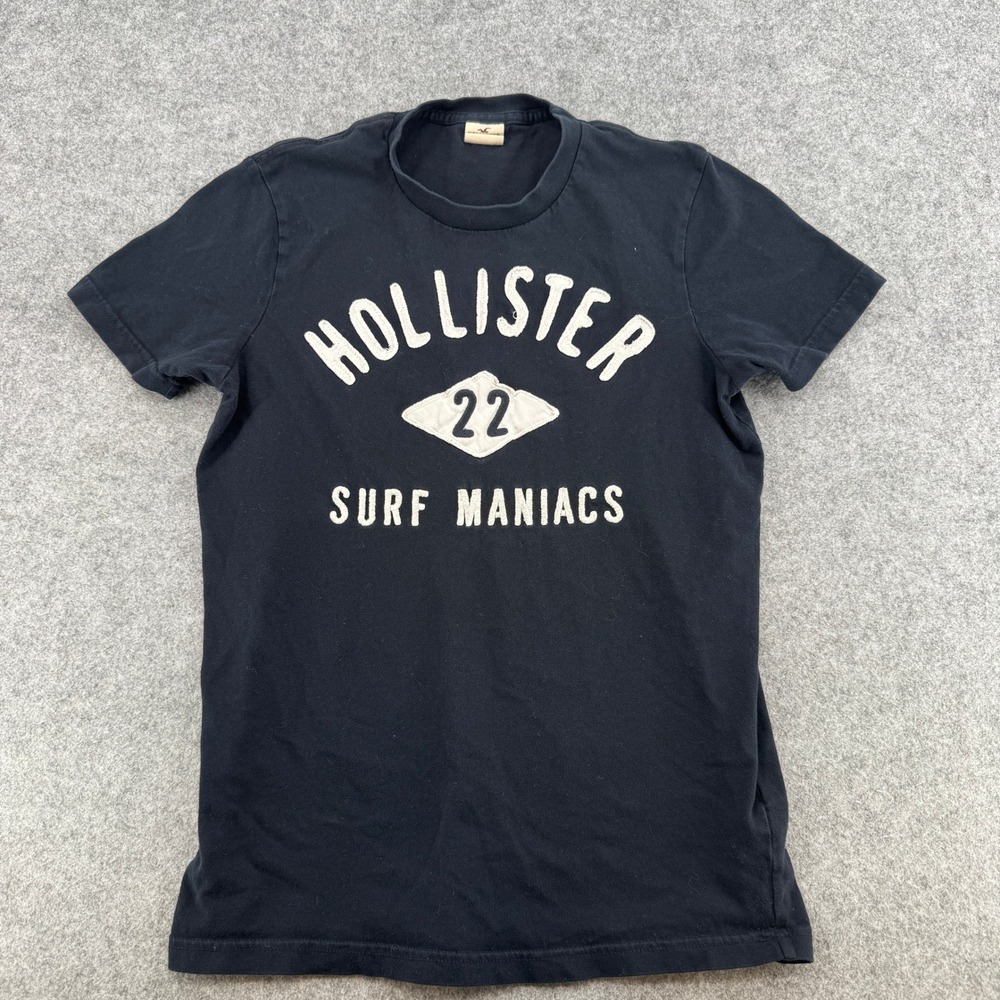 Y2K Hollister T Shirt Mens S Surf Maniacs 22 Navy Blue Graphic Embroidered